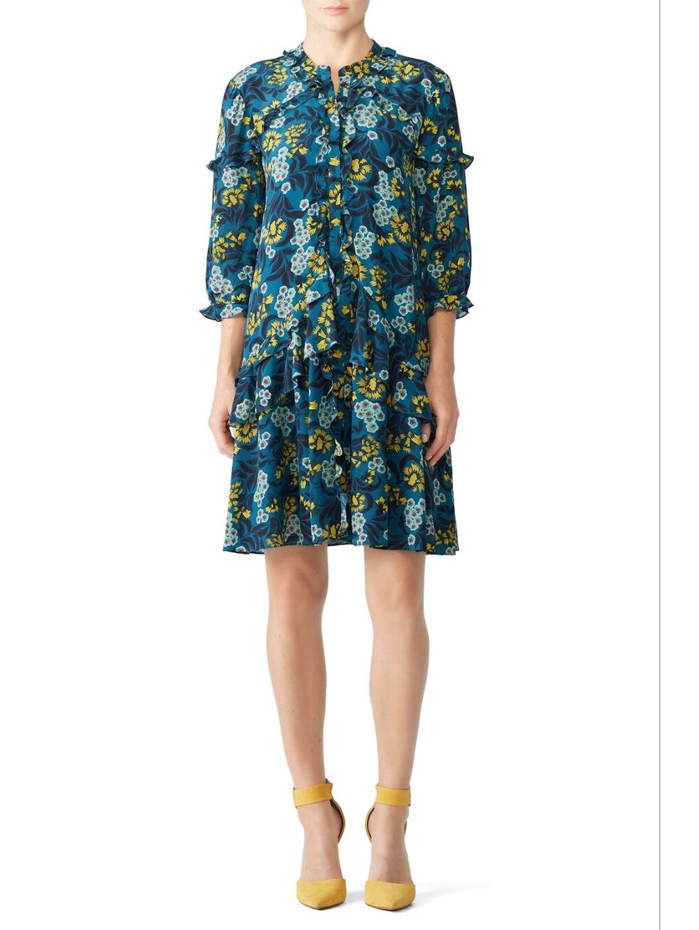 Saloni 100% Silk Teal Tilly Blue Floral Ruffle Tiered Dress Sz 10 - Picture 3 of 8